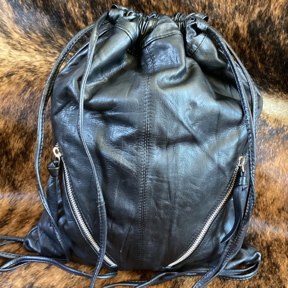 ASOS Black Leather Delicate Drawstring Slouch Backpack
